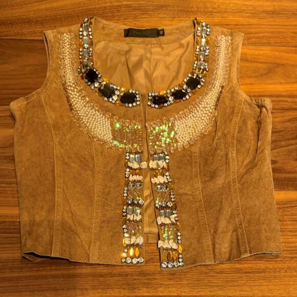 Vest, real suede, beads, sequins, shells, lined, EUC, European sz 40, Amer sz 8 - Picture 3 of 16